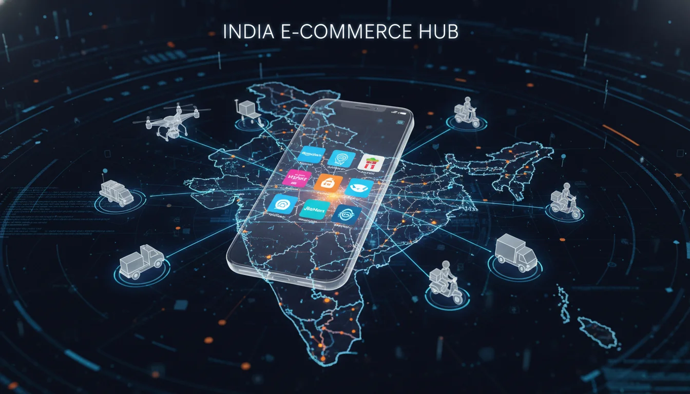 A high-tech digital visualization of India's e-commerce landscape, featuring a 3D smartphone displaying retail apps, glowing connectivity nodes across a map of India, and modern delivery icons in a sleek corporate style.