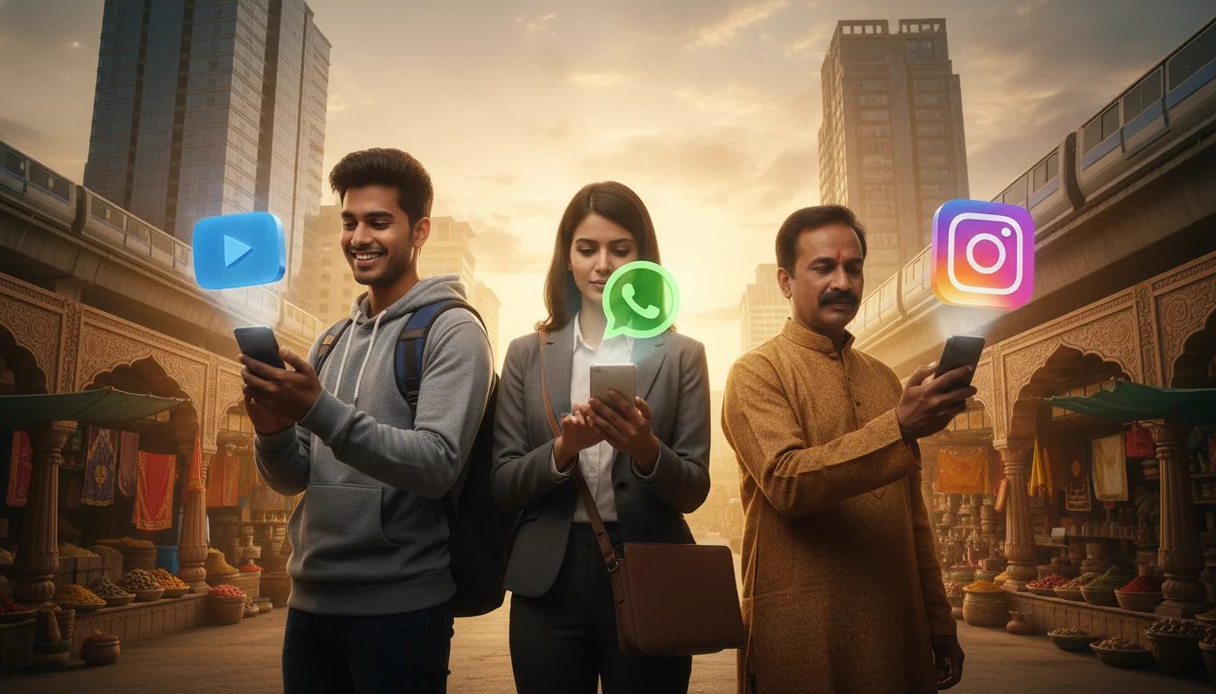 A diverse group of Indian consumers, including a college student, a young professional, and a middle-aged shopkeeper, all looking at their vibrant smartphone screens which display 3D floating logos of YouTube, WhatsApp, and Instagram. The background is a fusion of a modern Indian city skyline and traditional market patterns, high-quality cinematic style.