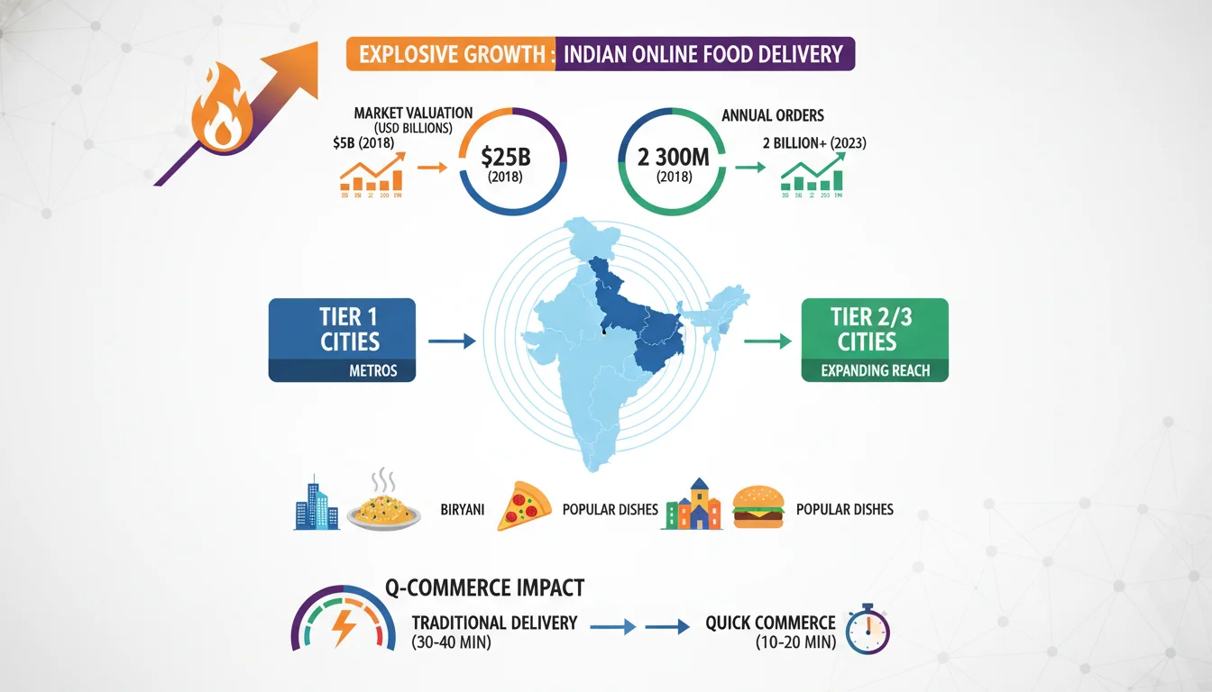 A dynamic infographic showing the explosive growth of the Indian online food delivery market, with rising market valuations and increasing orders for popular dishes like biryani. Illustrate the expansion from Tier 1 to Tier 2/3 cities and the impact of Q-Commerce on delivery times. Use modern, clean design with vibrant colors, suitable for a business article.