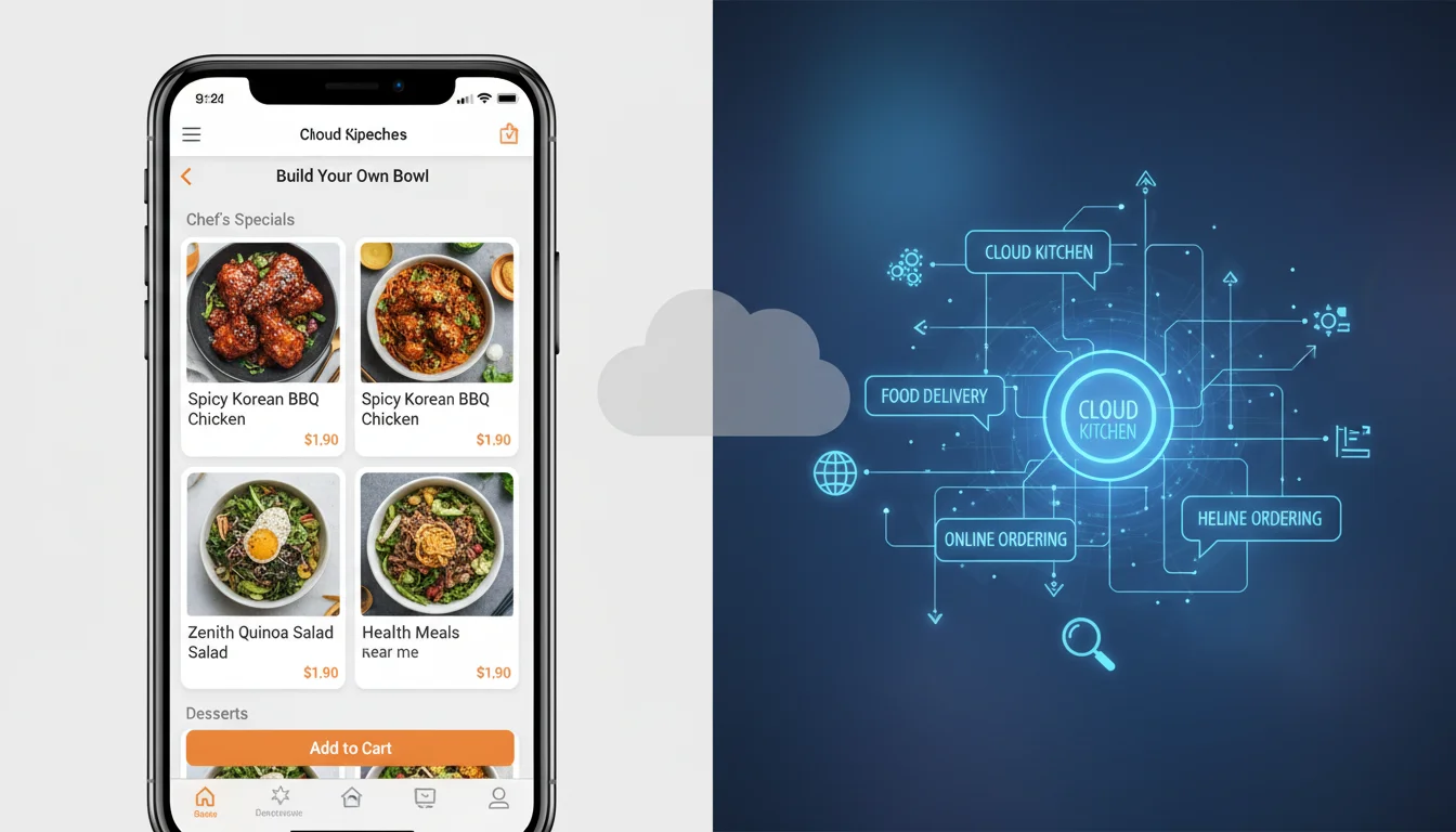 A split image showing two main aspects of digital marketing for cloud kitchens. On one side, a visually appealing, optimized online menu with clear categories and enticing dish names on a smartphone screen. On the other side, a subtle representation of data flow and search engine optimization, perhaps with keywords and algorithm symbols, indicating effective digital visibility for a cloud kitchen. Modern, clean aesthetic, suitable for a business article.
