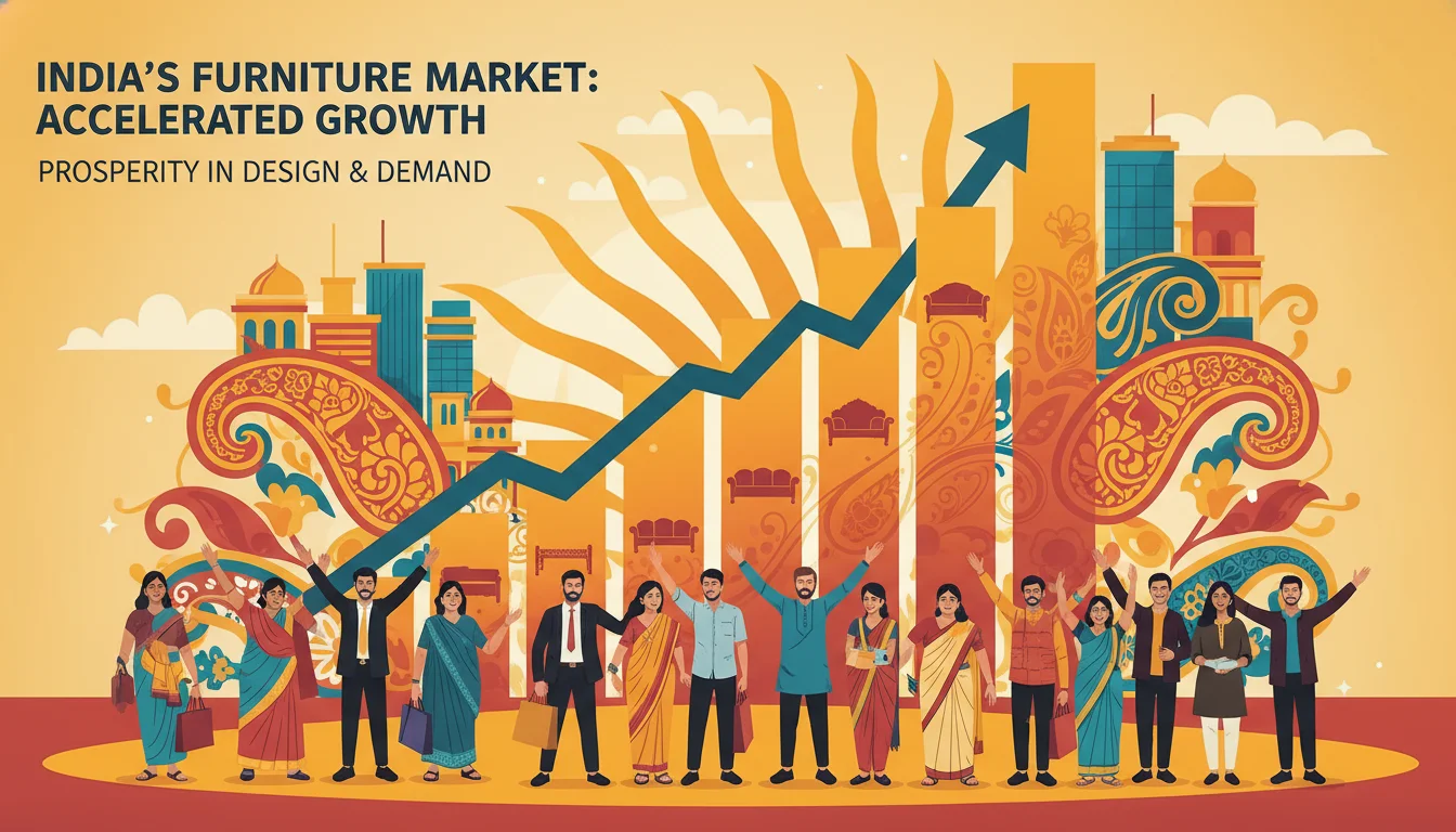 A vibrant and dynamic infographic illustration representing the rapid growth of the Indian furniture market. Show stylized growth charts and upward trends integrated with traditional Indian furniture motifs and diverse Indian consumer silhouettes, set against a backdrop of modern Indian architecture. Use a warm color palette to convey optimism and prosperity.