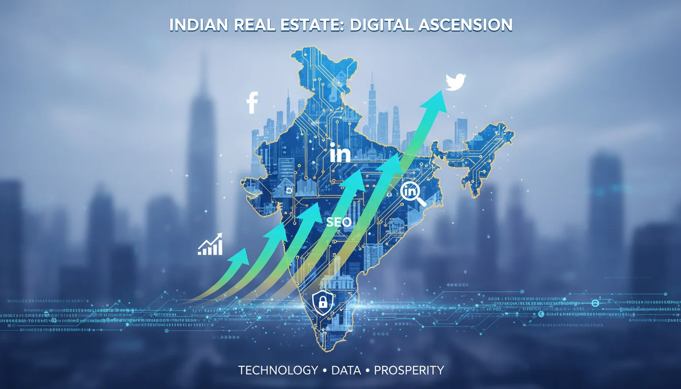 A vibrant, modern image depicting a stylized infographic showing upward growth arrows and digital marketing icons (like social media, SEO, analytics) overlaid on a map of India or famous Indian real estate landmarks. The image should convey technology, data, and prosperity in the Indian real estate sector.