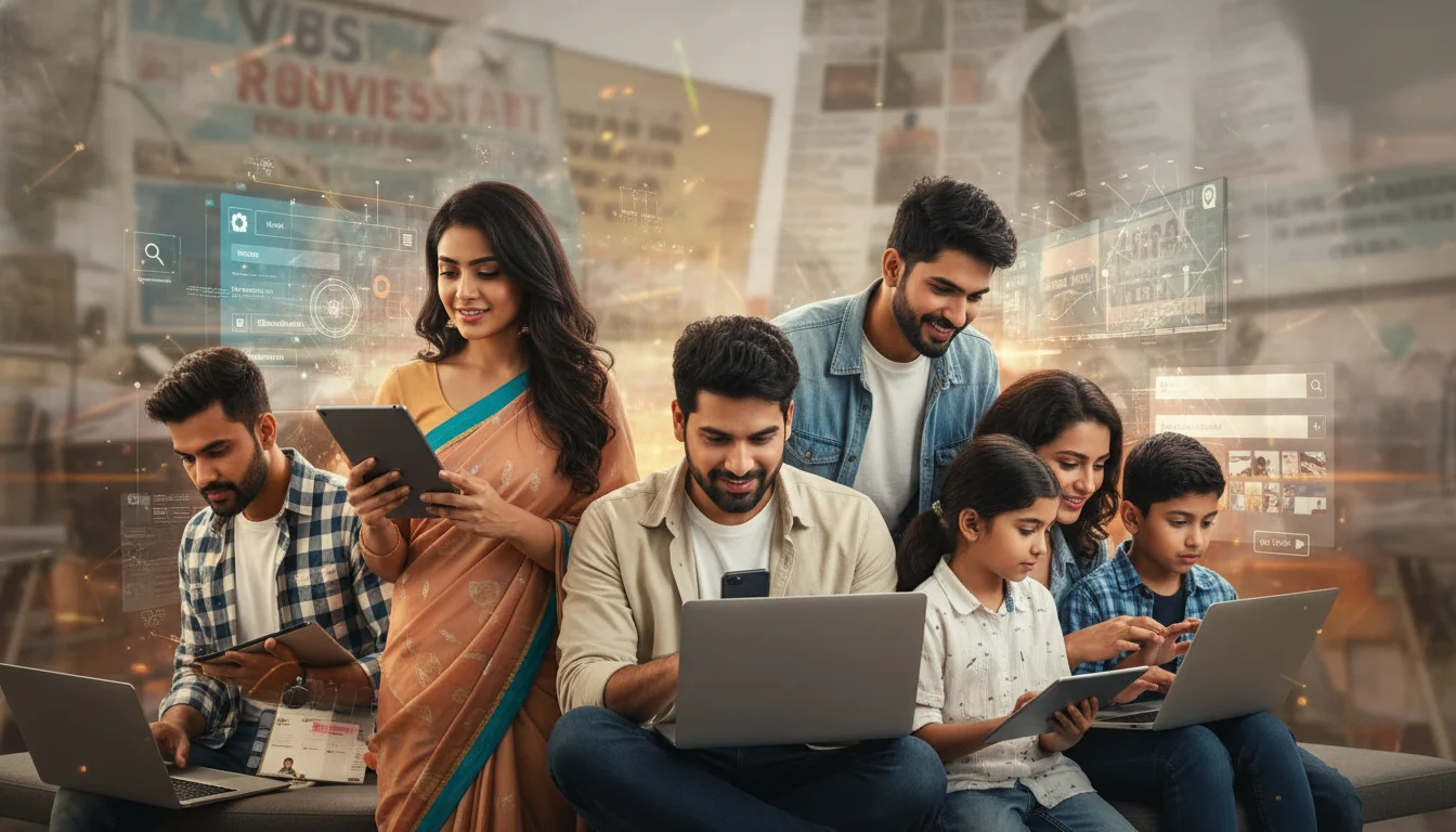 A diverse group of modern Indian people of various ages (millennials, Gen Z, families) simultaneously using laptops, tablets, and smartphones to browse real estate listings. The background features a subtle blend of digital interface elements and fading, blurred traditional real estate billboards or newspaper ads, symbolizing the shift to digital primacy in property search. The scene should be dynamic and vibrant.