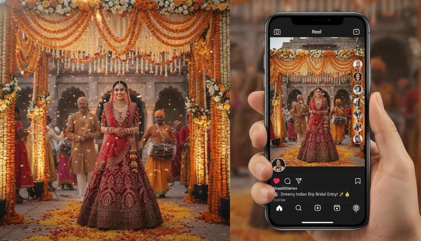 A high-quality, split-screen visual depicting on one side a vibrant, cinematic Indian bridal entrance with floral decor and professional lighting, and on the other side, a mobile screen showing the same video as an Instagram Reel with high engagement metrics (likes, shares, comments), illustrating the power of dynamic video content.