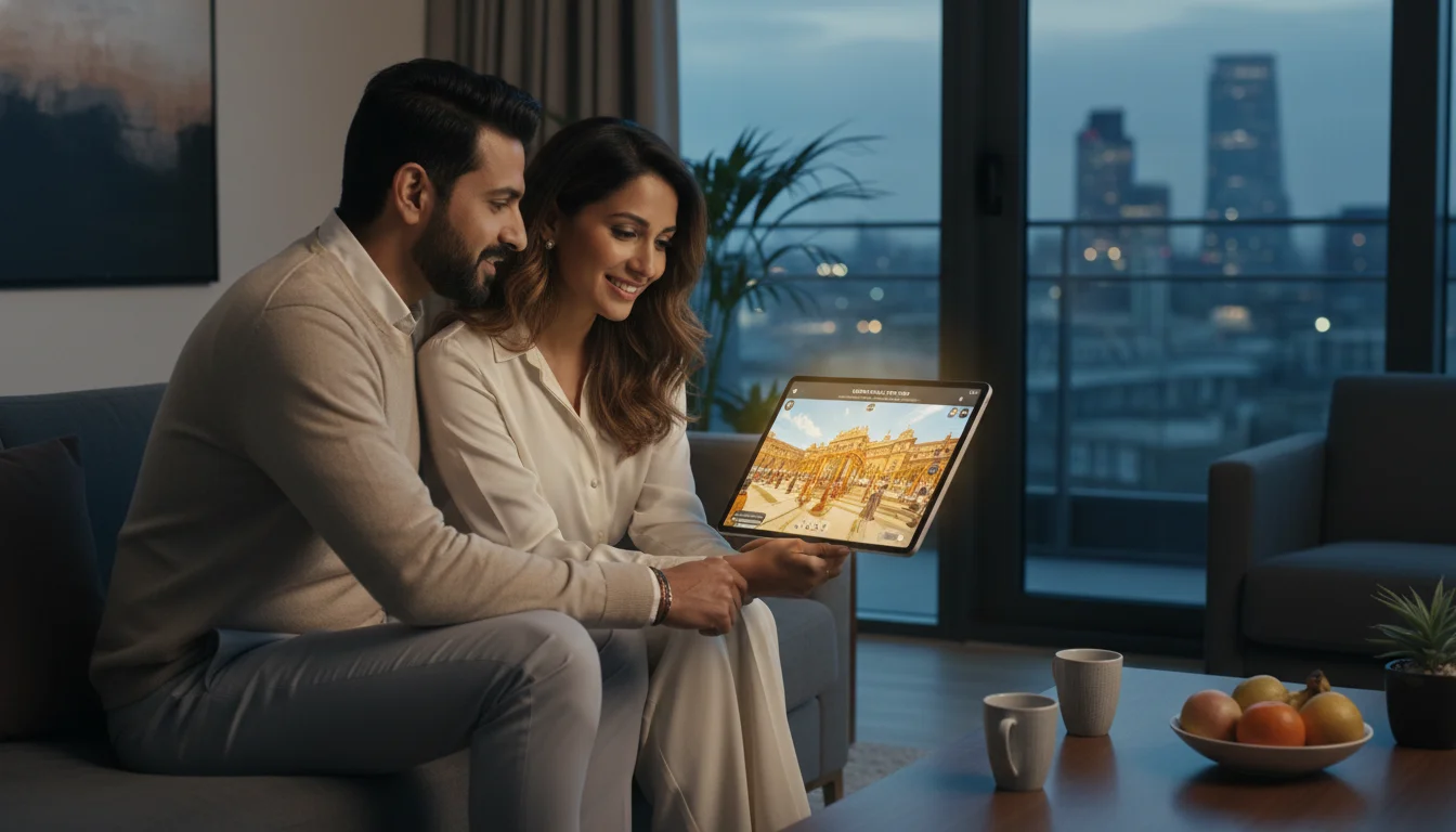 A sophisticated, remote-working NRI couple in a sleek, modern London apartment, looking at a high-resolution 3D virtual tour of a majestic Rajasthani palace wedding venue on a large tablet, highlighting the importance of digital transparency and immersive technology for destination seekers.