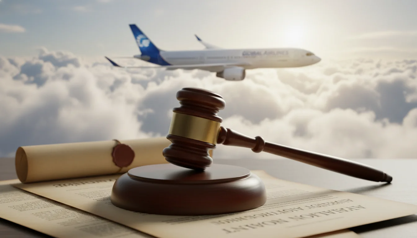 A cinematic, high-quality image of a wooden judge gavel resting on a legal document with a blurred commercial airplane flying through clouds in the background, symbolizing aviation law and litigation.