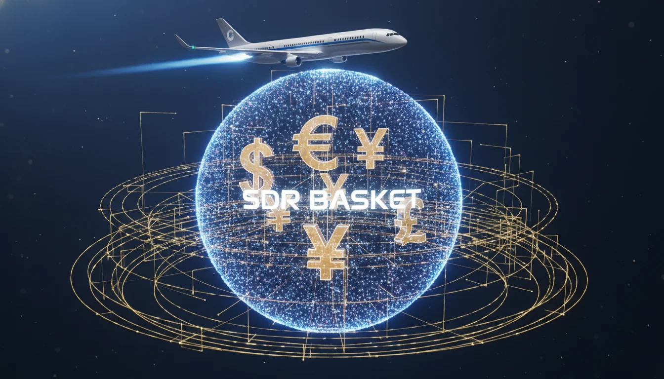 A conceptual, high-quality 3D render of various global currency symbols like the Dollar, Euro, and Yen floating inside a glowing, protective digital sphere representing a 'Special Drawing Right' (SDR) basket, with a sleek modern commercial airplane flying overhead through a network of golden data lines.