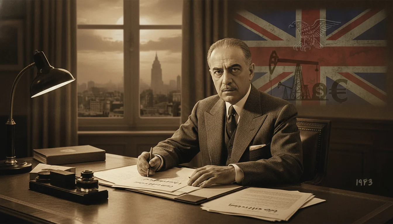 A powerful, historically accurate depiction of Mohammad Mossadegh, looking resolute, signing documents related to oil nationalization. In the background, subtly hint at external pressures with abstract symbols representing British and American influence. The scene should convey the tension and historical significance of the 1953 event. Realistic photo, dramatic lighting, 1950s aesthetic.
