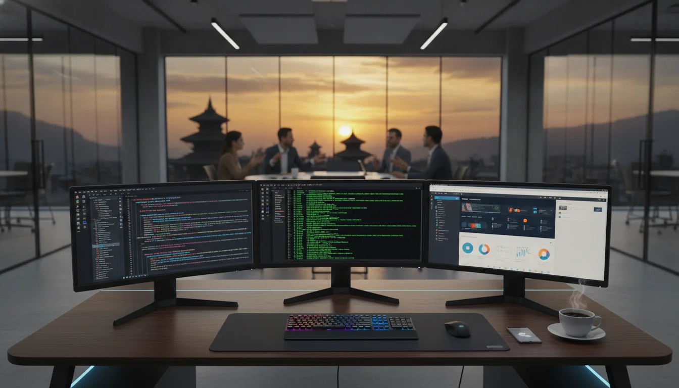 A high-tech office interior in Kathmandu at sunset, showing a professional software developer's workstation. The desk features three monitors displaying code, server logs, and a sleek web application interface. A cup of coffee and a smartphone sit next to the keyboard. In the background, blurred colleagues are collaborating in a modern open-plan office space.