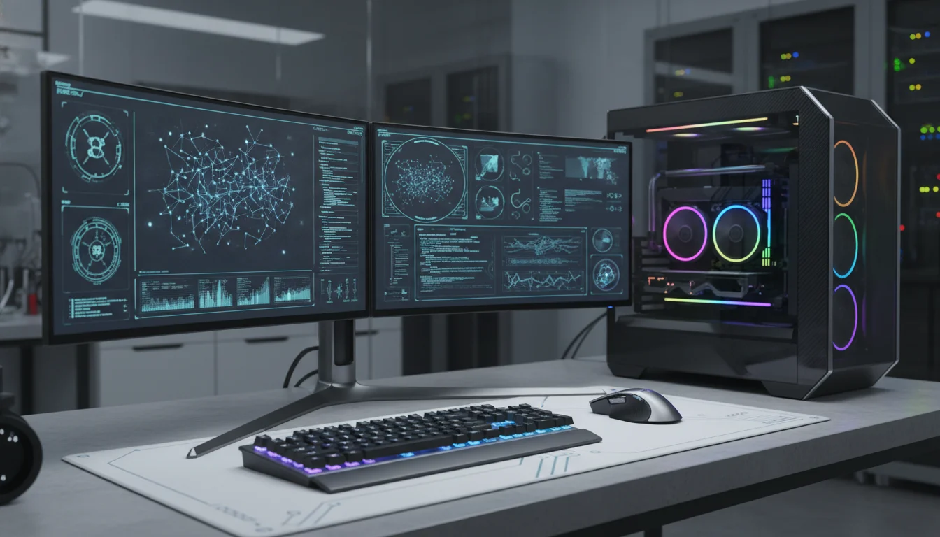 Close-up of a high-performance IT workstation in a modern lab, displaying dual monitors, a sleek keyboard and mouse, and a subtly visible advanced CPU tower with some internal RGB lighting, hinting at powerful internal components like a next-gen GPU and NPU, futuristic and clean aesthetic, 2026.