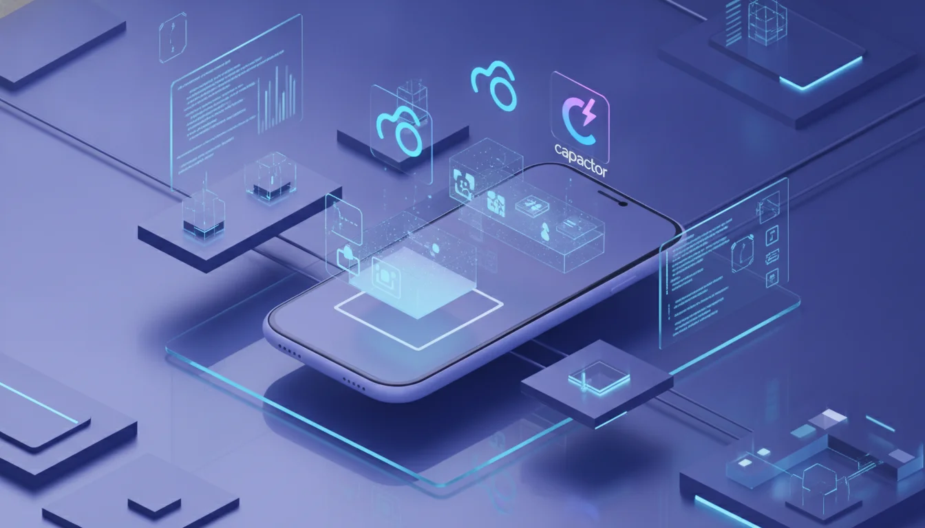 A professional 3D isometric digital workspace showing modular software components and mobile app UI blocks being integrated into a sleek smartphone, featuring glowing React and Capacitor logos, soft blue and purple studio lighting, high-tech aesthetic.