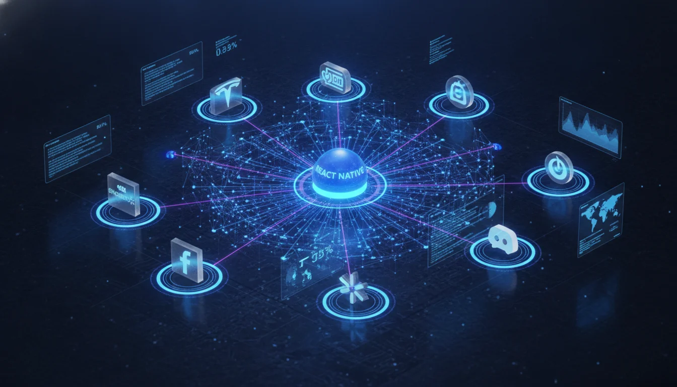 A high-tech 3D isometric data visualization showing a glowing network of enterprise connections, representing React Native's dominance in the market, with floating corporate icons like Shopify and Walmart, soft blue studio lighting.