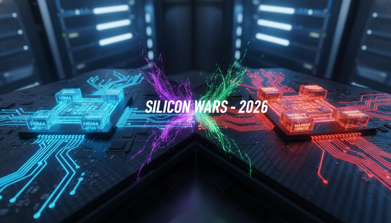 A visually striking comparison of NVIDIA's Rubin R100 GPU and AMD's Instinct MI350X GPU, depicted as advanced, glowing silicon chips on a futuristic motherboard. Highlight their distinct features, such as HBM4 for Rubin and massive HBM3E for MI350X, with subtle digital data streams flowing between them, symbolizing the 'Silicon Wars' of 2026. The image should convey high-tech competition and innovation.