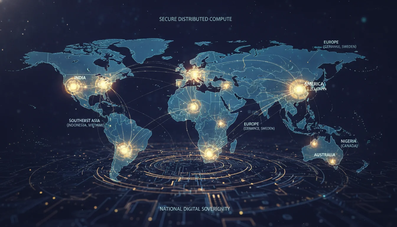 An abstract visualization of a global network of decentralized AI data centers, with glowing nodes representing sovereign AI deployments in various countries (like India, Southeast Asia, etc.). Overlay a subtle world map with interconnected data streams, emphasizing data localization and geopolitical independence in AI infrastructure. The image should convey secure, distributed compute and national digital sovereignty.