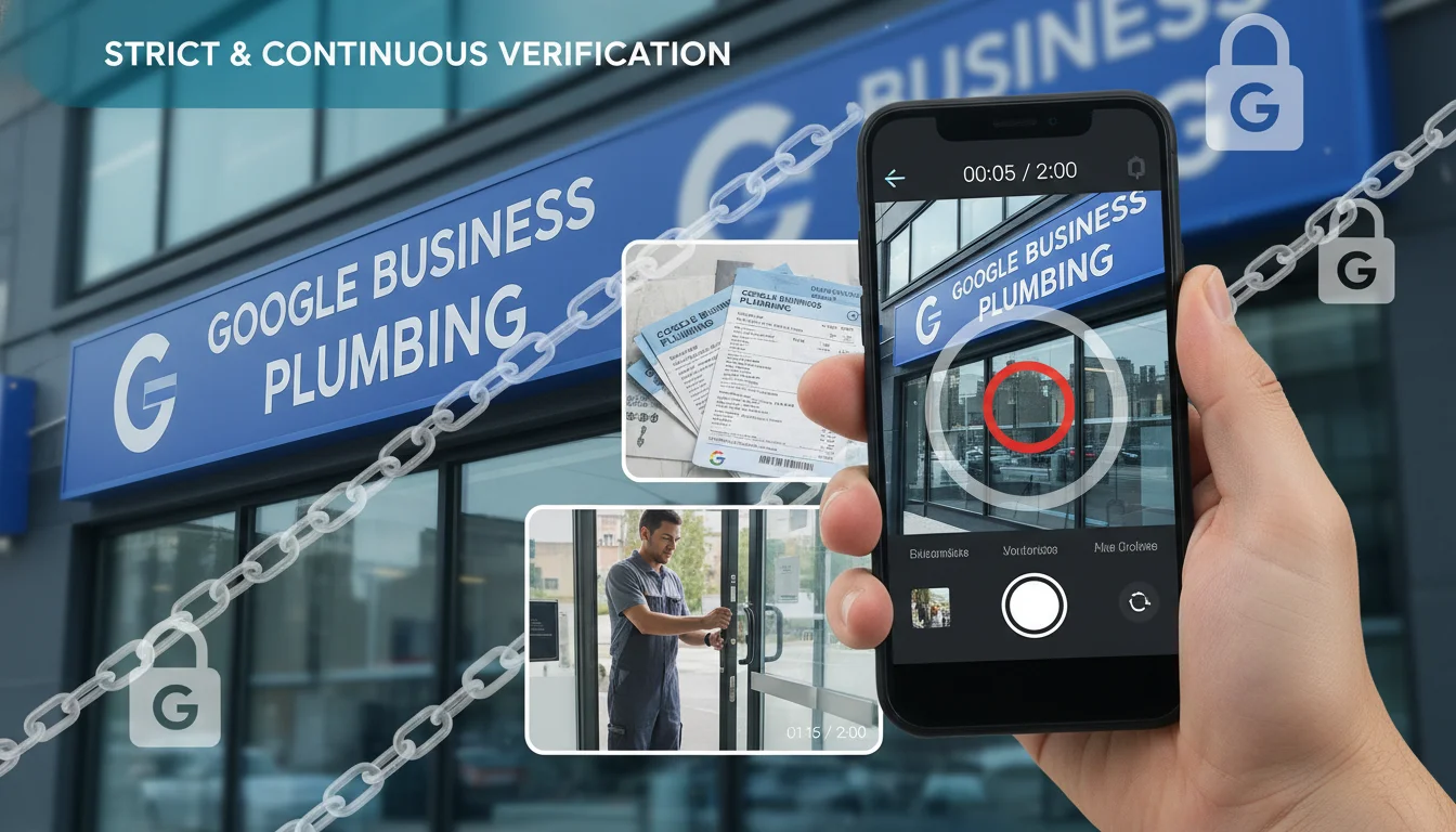 A visual representation of the Google Business Profile video verification process, showing a smartphone camera recording a business exterior, a storefront sign, an employee unlocking a door, and utility bills. Emphasize the strict and continuous nature of the verification.
