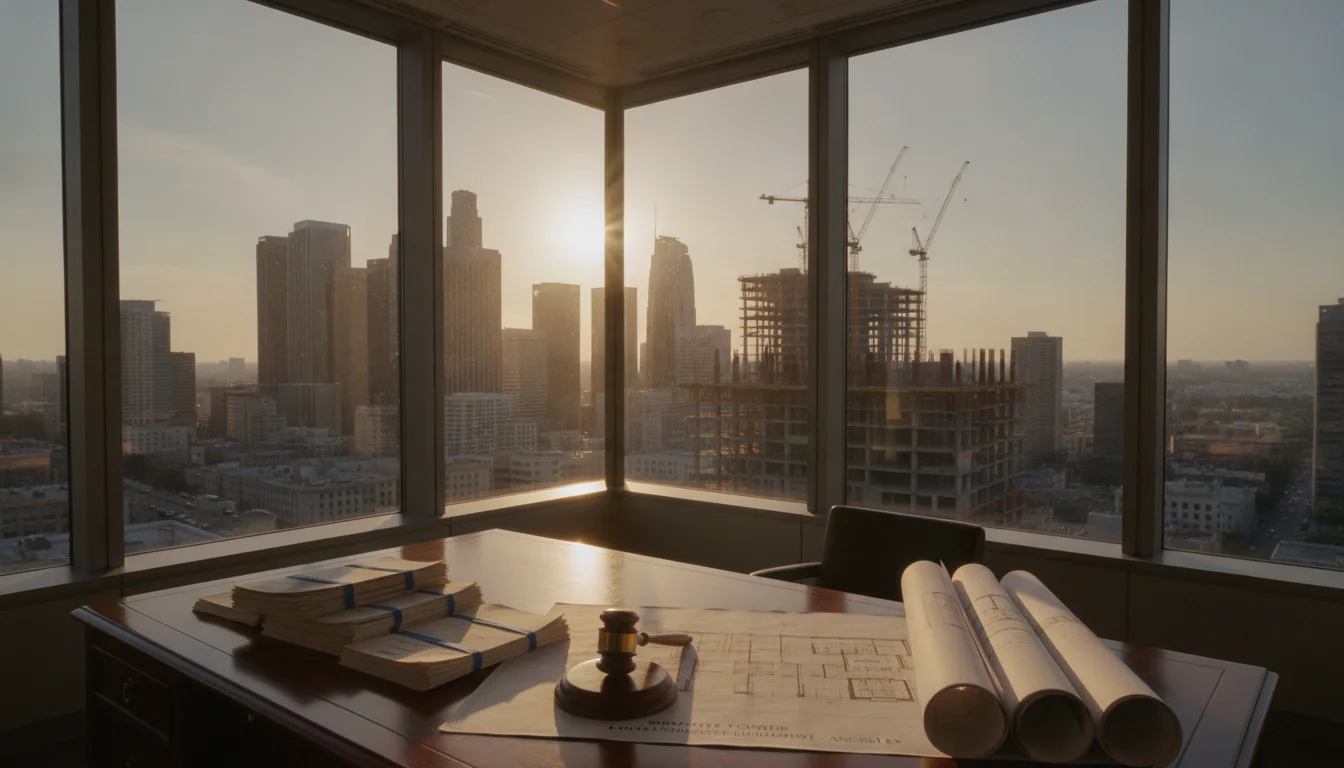 A professional legal setting in downtown Los Angeles overlooking construction cranes and city skyscrapers. On a polished wooden desk sit legal documents, a gavel, and architectural blueprints for a commercial development. High-quality, cinematic lighting, realistic style.