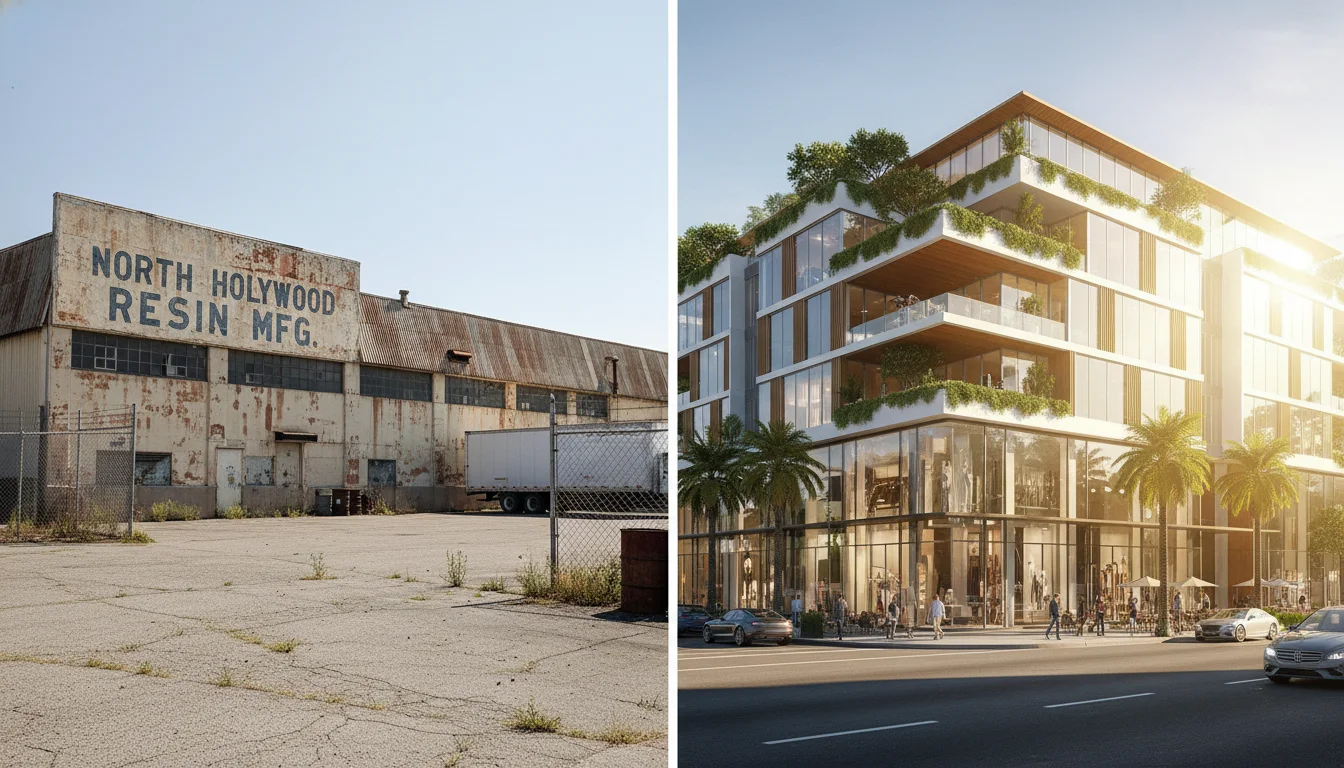 A split-screen visualization of a commercial lot in North Hollywood. On one side, a dated industrial resin manufacturing warehouse with faded paint and asphalt. On the other side, a vibrant, sunlit modern architectural rendering of a luxury mixed-use development with rooftop gardens and glass-fronted retail stores. Realistic architectural photography style, bright daylight.