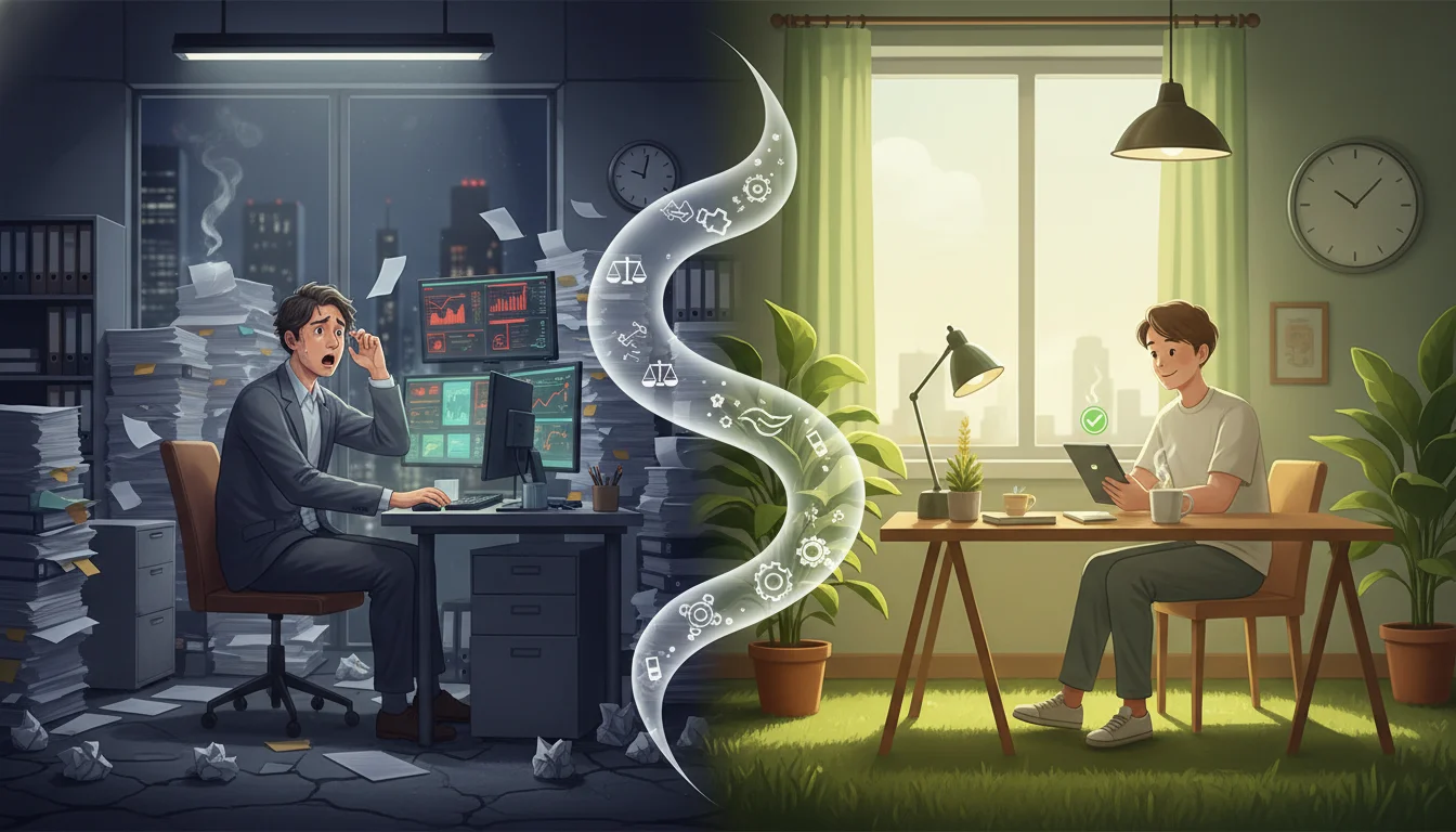 A conceptual image illustrating the contrast between high occupational stress and low-stress employment. One side shows a person overwhelmed with paperwork in a dark, chaotic office, while the other side depicts a calm, smiling individual working peacefully in a bright, organized setting. Use subtle visual cues of transition or balance.
