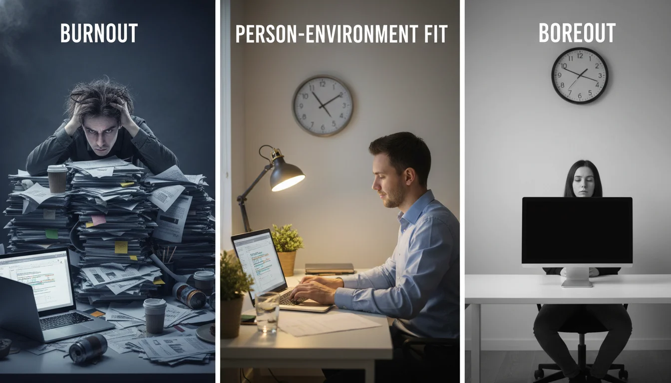 A split image illustrating the dichotomy between 'burnout' and 'boreout'. On one side, a person is overwhelmed with a mountain of tasks, looking exhausted and stressed. On the other side, a person is staring blankly at an empty desk or screen, looking bored and disengaged. A subtle third element in the middle represents a balanced 'Person-Environment Fit' with meaningful engagement and moderate stimulation.
