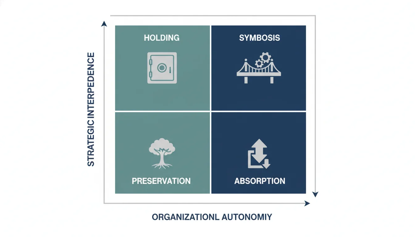 A clean, professional 2D infographic illustrating the four quadrants of the Haspeslagh and Jemison M&A Integration Matrix: Holding, Preservation, Absorption, and Symbiosis. The background is a crisp white, and the diagram uses a corporate color scheme of navy blue, silver, and muted teal. Each quadrant includes a minimalist icon—such as a vault for Holding and a bridge for Symbiosis—with legible labels for 'Strategic Interdependence' and 'Organizational Autonomy' on the axes.