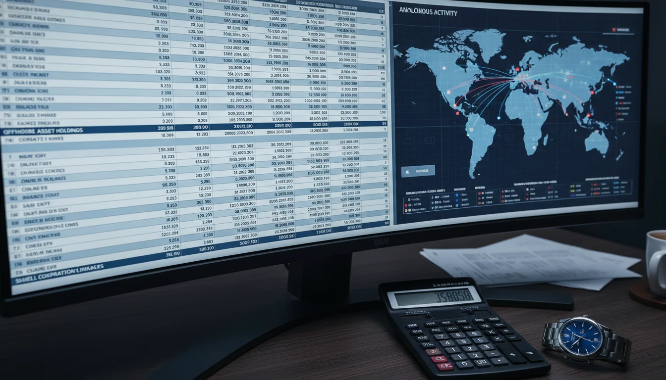 A cinematic close-up of a high-resolution computer monitor in a modern law office showing a detailed forensic financial spreadsheet and a digital map with glowing connection lines between global financial hubs. Next to the monitor is a high-end calculator and a silver luxury watch. The scene conveys intense financial investigation, offshore asset tracing, and high-stakes auditing.