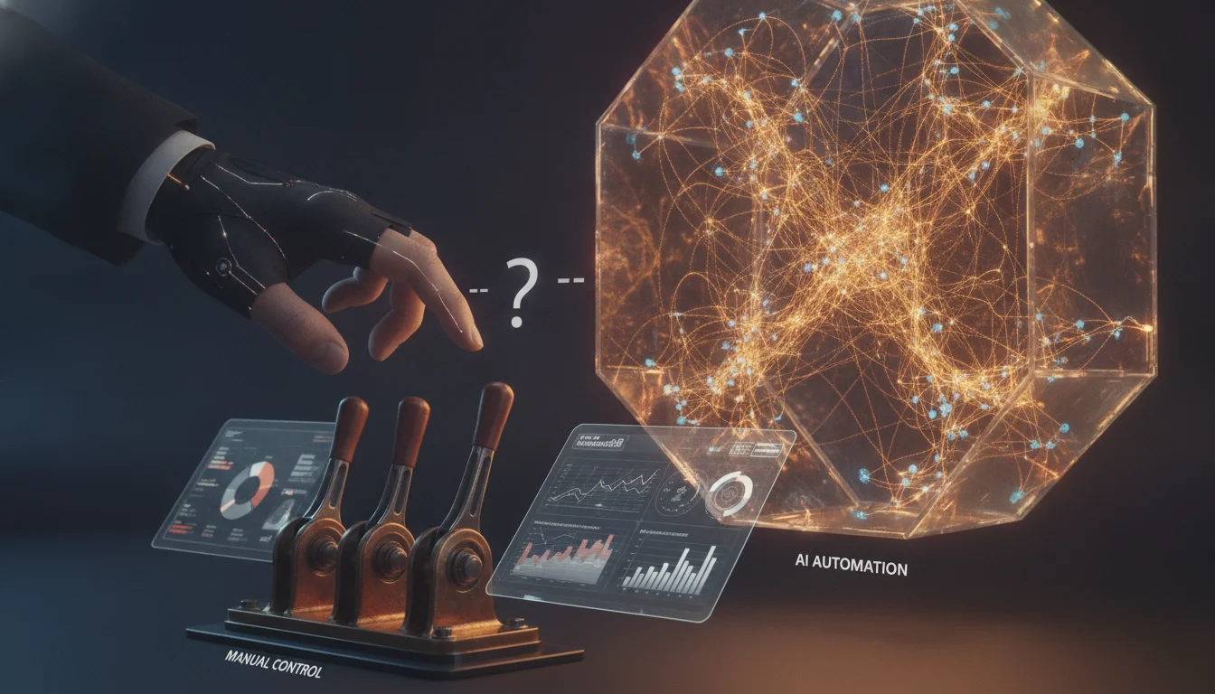 A high-tech conceptual illustration showing a human hand hesitating to pull mechanical levers, while a glowing, complex neural network of golden light and data points operates efficiently in the background. The scene represents the tension between manual control and AI automation in marketing, cinematic lighting, 8k resolution, professional business aesthetic.