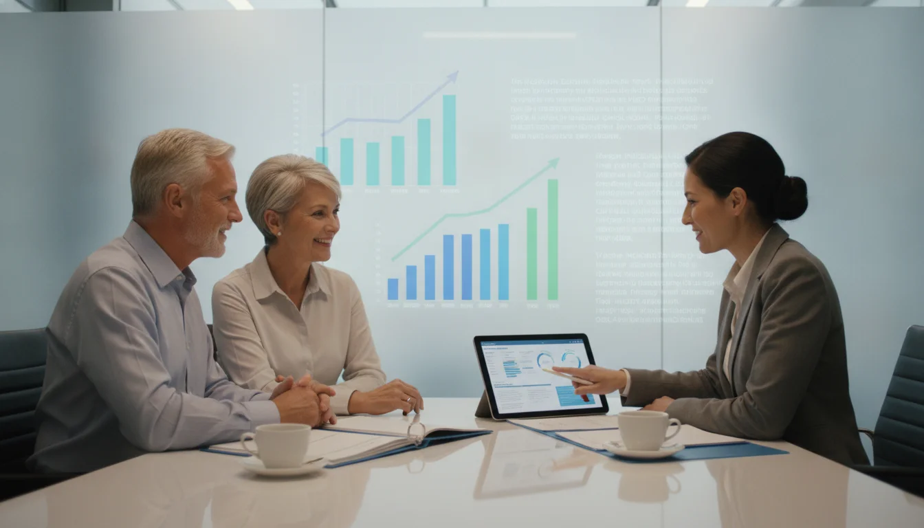 A professional and clean conceptual image featuring a senior couple consulting with a financial advisor about healthcare costs. In the background, translucent digital overlays of bar graphs and Medicare policy documents. Soft lighting, high-quality corporate photography style, representing financial security and healthcare planning.
