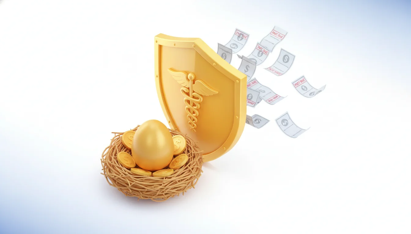 A conceptual 3D isometric illustration of a golden medical shield protecting a stylized nest egg of gold coins from falling medical bills. The background is a clean, corporate white with soft blue gradients. High-quality financial graphic style representing Medicare cost protection.