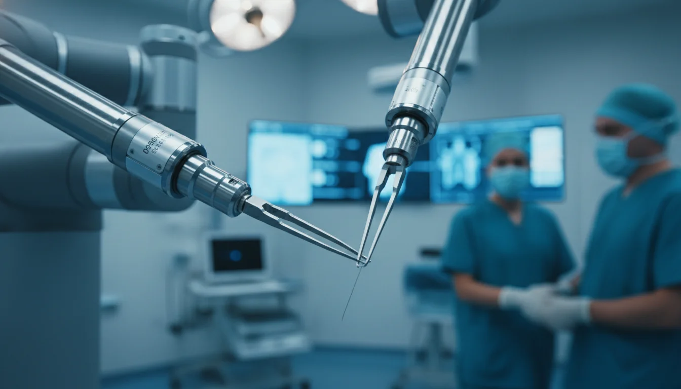 A close-up, high-tech shot of a surgical robot arm with precise metallic pincers during a complex procedure, illuminated by sterile blue LED lights in a modern operating theater, hyper-realistic, 8k resolution.