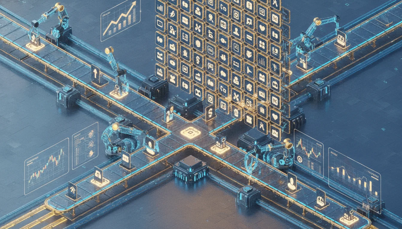 A futuristic digital assembly line in a 3D isometric style, where glowing smartphone app icons are being manufactured and organized into a massive, structured grid. The scene uses a professional blue and gold color palette, symbolizing high-tech automation and financial growth.