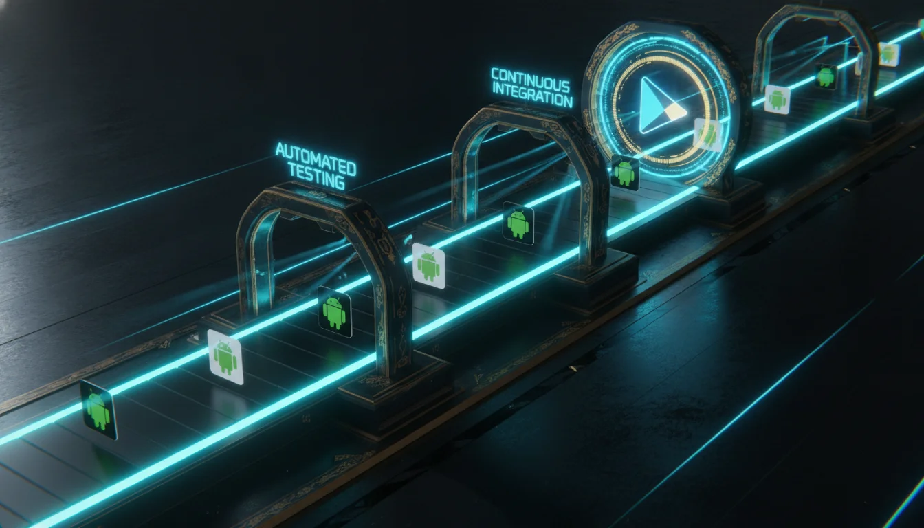 A high-tech software deployment pipeline visualization. Icons of Android apps are moving along a glowing blue energy conveyor belt, passing through digital scanners labeled 'Automated Testing' and 'Continuous Integration,' finally landing in a radiant Google Play Store portal. Cinematic lighting, deep shadows, and professional gold accents.