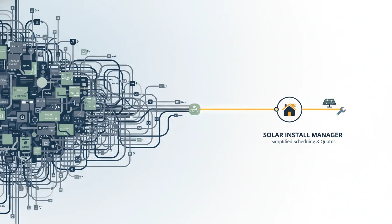 A minimalist, graphic illustration depicting a large, complex, multi-featured enterprise software with many entangled wires, being overlooked by a small, sleek, and focused micro-SaaS icon simplifying a specific task for a niche business owner (e.g., a solar panel installer). Show the contrast between bloat and targeted efficiency.
