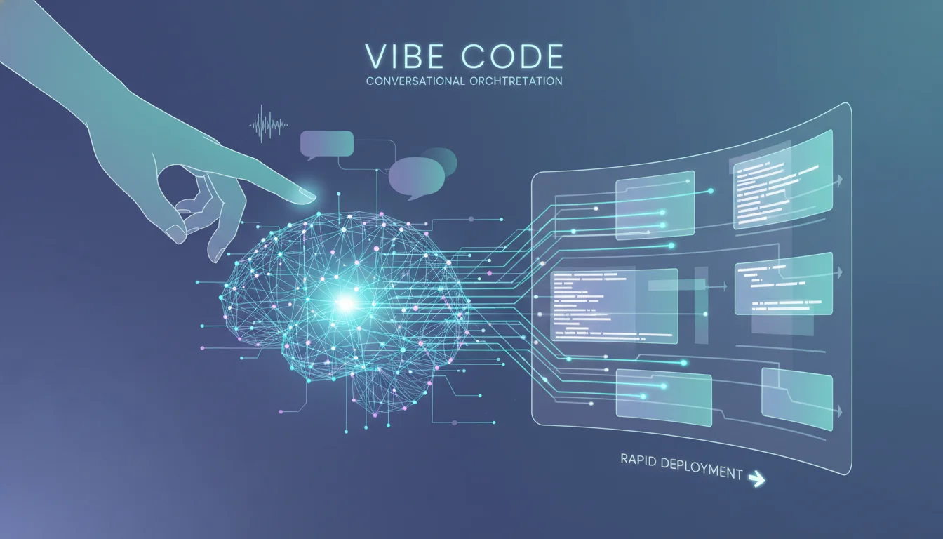 A futuristic, minimalist illustration showing a human hand (representing a developer or product manager) gently guiding or interacting with a glowing, abstract AI brain or network that is rapidly generating clean, modular lines of code on a screen. Emphasize the 'conversational orchestration' aspect of 'vibe coding' and rapid software deployment.