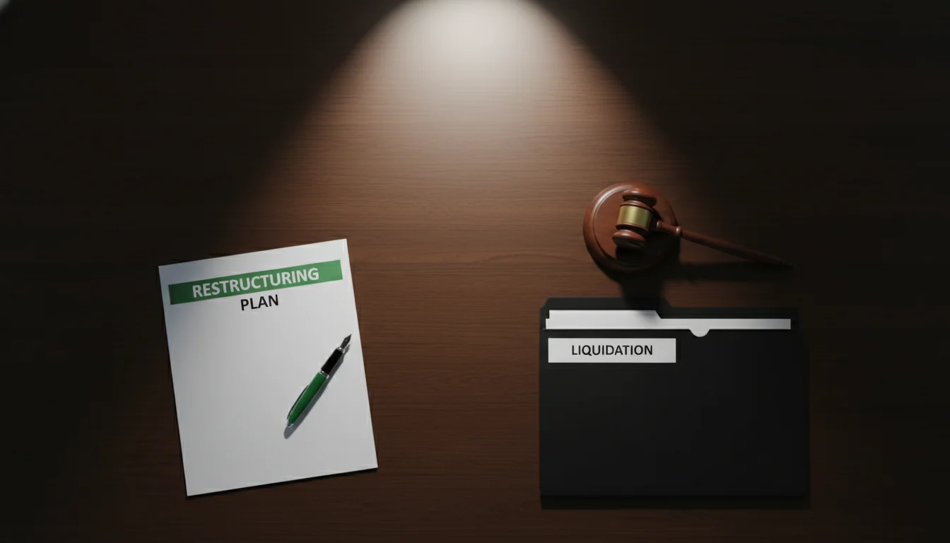 A minimalist, professional top-down view of a business meeting table. One side shows a 'Restructuring Plan' document with a green fountain pen; the other side shows a 'Liquidation' file with a wooden gavel. A single, focused beam of light hits the Restructuring document, symbolizing strategic choice and hope.