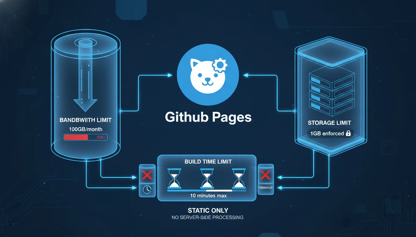 An infographic style image illustrating various hosting constraints (bandwidth limits, storage limits, build times) represented as different-sized containers or barriers, with the GitHub Pages logo in the center, emphasizing its static nature and specific limits. Use a clean, technical aesthetic.