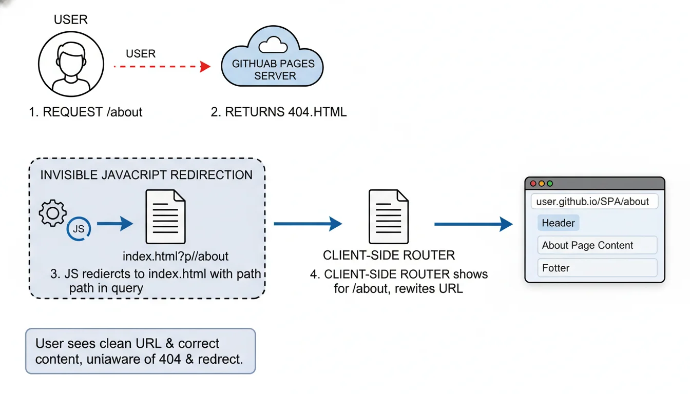 A technical diagram illustrating the 'SPA GitHub Pages 404 hack'. Show a user requesting a URL (e.g., /about), the GitHub Pages server returning a 404, an invisible JavaScript redirection to index.html with query parameters, and finally the client-side router restoring the clean URL and rendering the correct content. Emphasize the 'invisible' nature of the redirect from the user's perspective. Use web development icons and clear arrows.