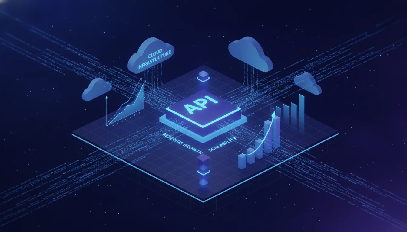 A high-tech digital marketplace concept showing glowing data streams connecting to a central hub labeled API. Minimalist 3D isometric style with a professional blue and purple color palette, representing scalability, revenue growth, and cloud infrastructure.