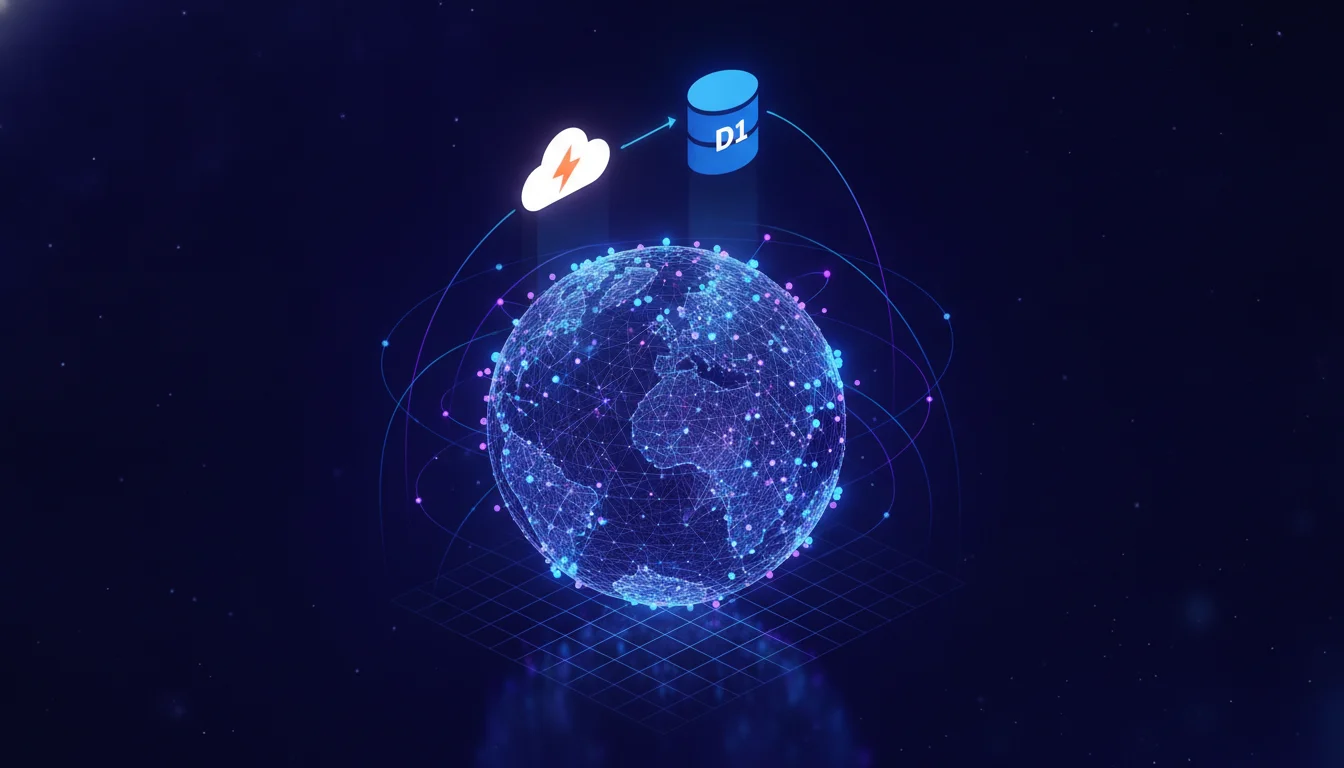An isometric 3D visualization of a global serverless infrastructure. A stylized wireframe globe is surrounded by glowing points representing edge locations. Above the globe, a Cloudflare logo icon interacts with a D1 database icon. Rays of light zip between nodes representing zero-latency data delivery. Tech-focused color palette of deep indigo, violet, and electric blue.