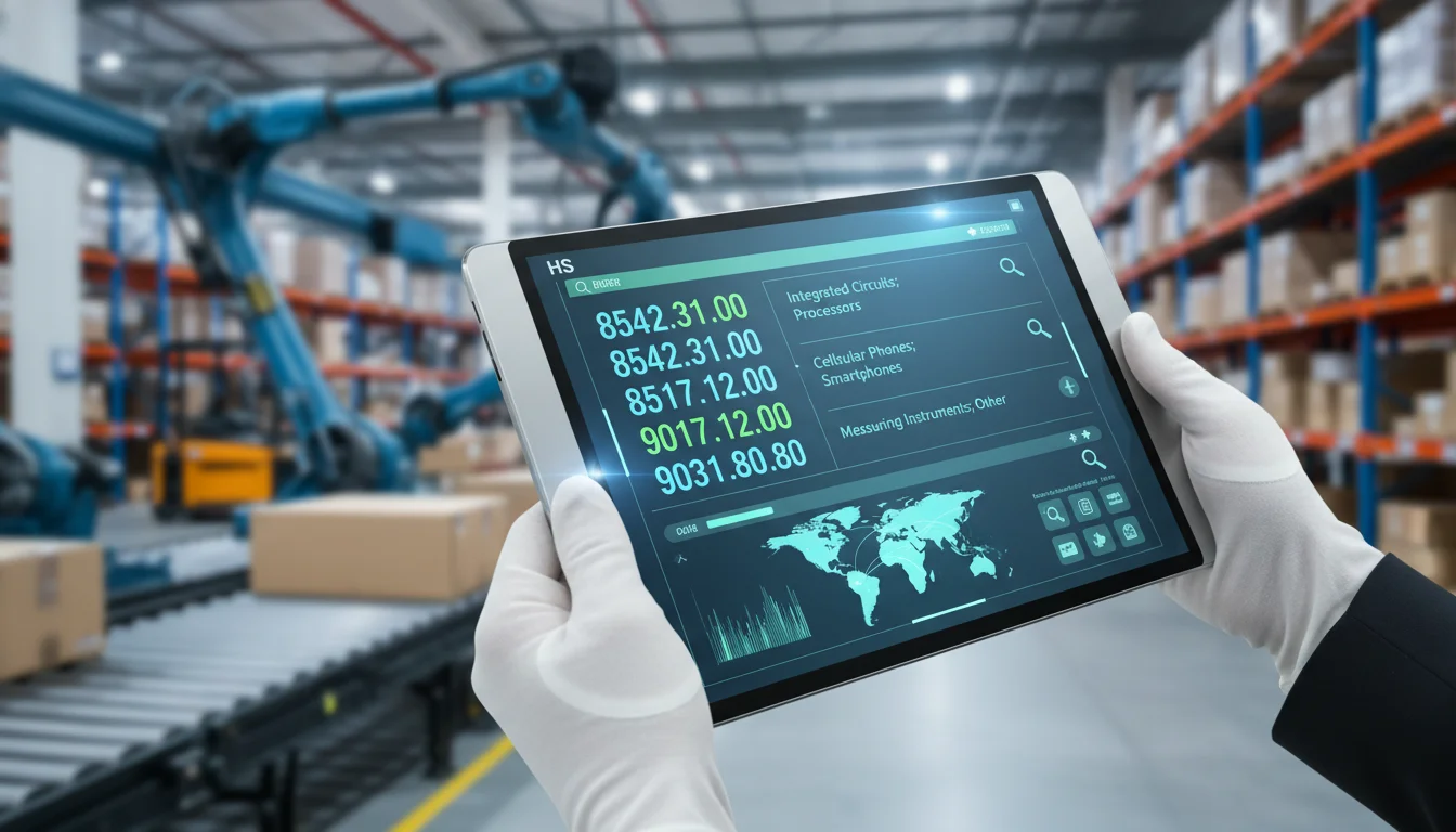 A high-tech digital tablet displaying a sophisticated Harmonized System (HS) code interface with scrolling numbers and product categories. In the background, a soft-focus logistics warehouse with automated sorting arms. Clean, professional corporate design, 4k resolution.