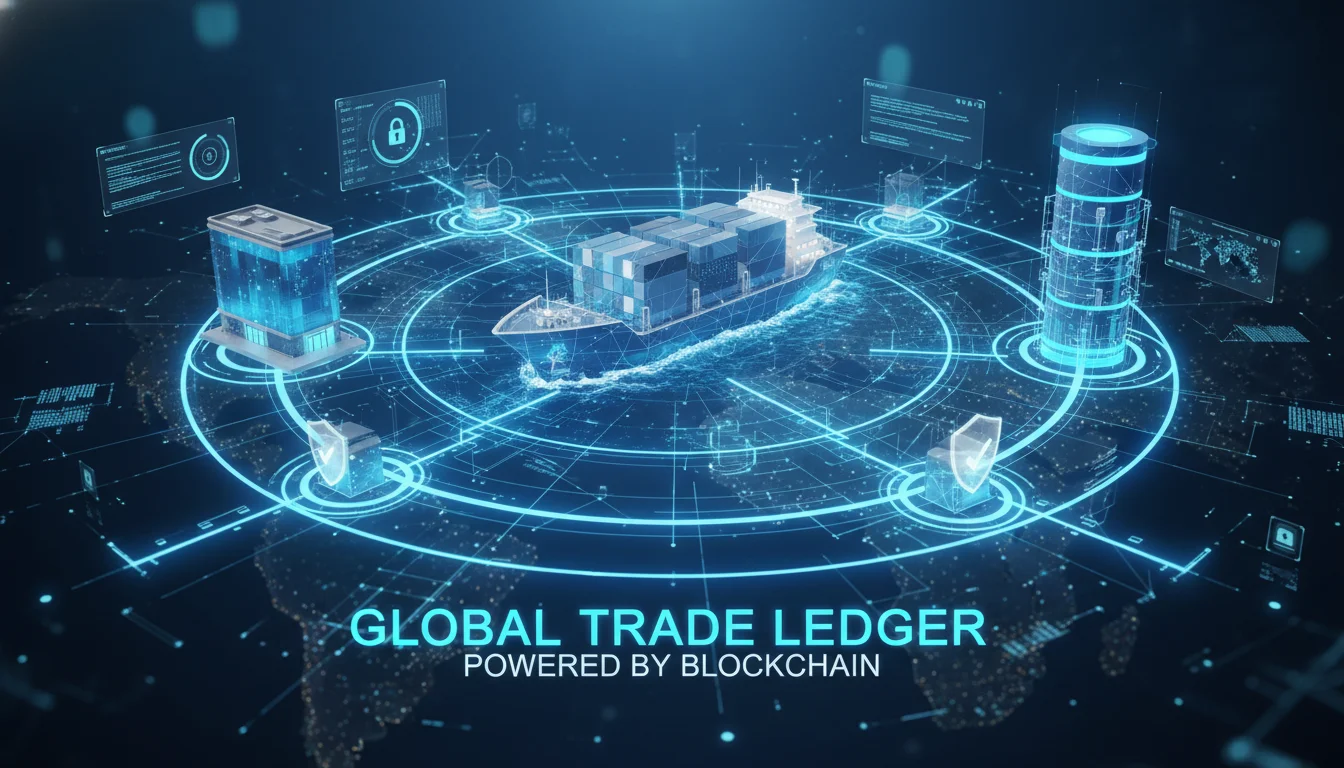 Conceptual 3D visualization of a blockchain network connecting global trade nodes: a cargo ship, a customs office, and a central data server linked by glowing digital threads. Symbols of security and transparency, sleek blue and neon white lighting, futuristic UI/UX elements.