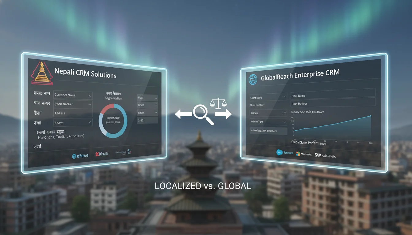 Side-by-side comparison of two distinct CRM software interfaces: one showing local Nepali elements and integrations, the other a global enterprise platform. Overlay charts or comparison icons. Background subtly features a modern Nepali city skyline, symbolizing digital transformation. Professional, clean, digital art style.
