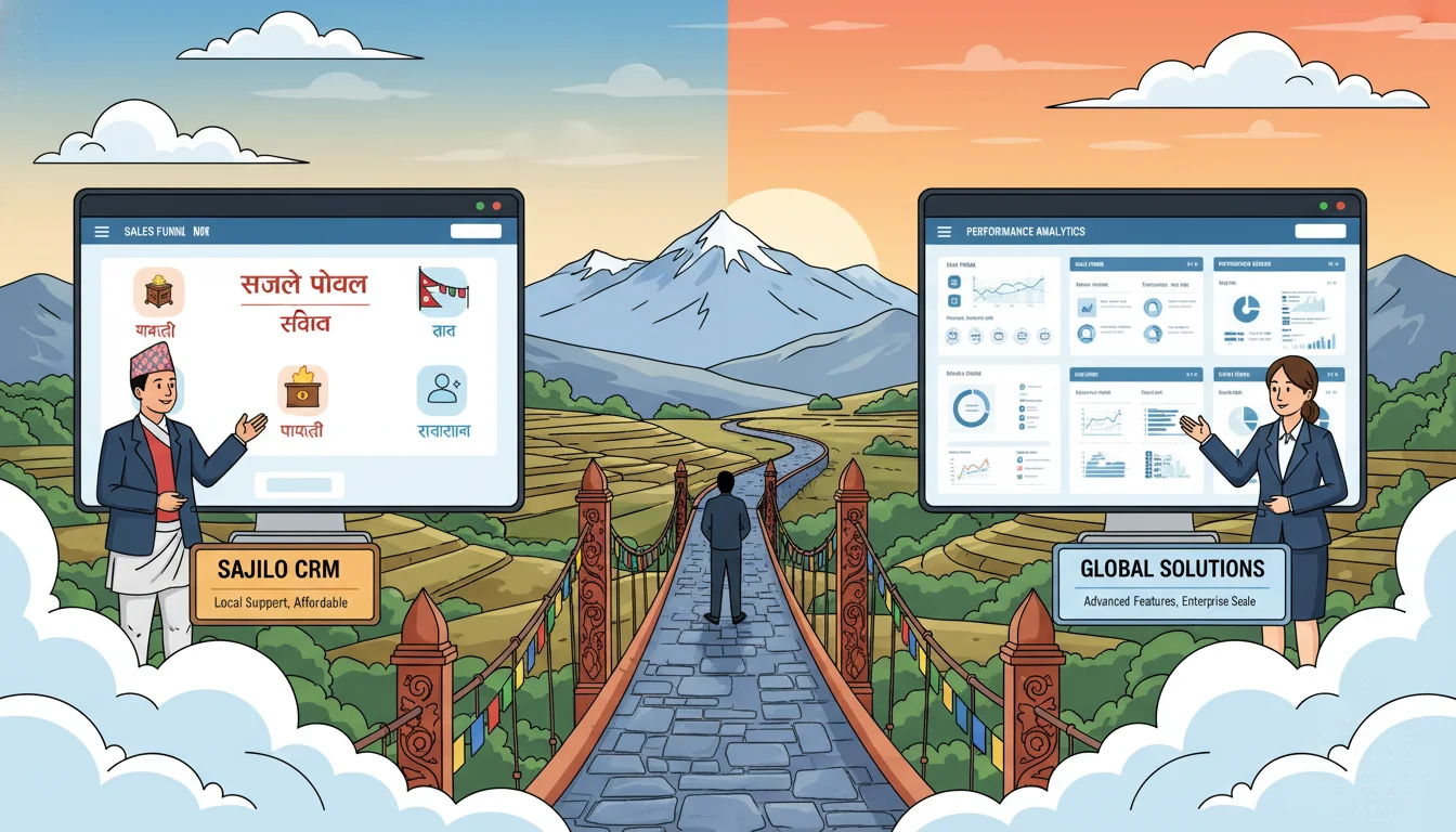 A visual representation of the choice faced by Nepali businesses when selecting CRM software. On one side, a simple, localized CRM interface with Nepali script and familiar icons, representing affordability and local support. On the other side, a sophisticated, feature-rich global CRM interface with complex dashboards. A metaphorical bridge or path connecting them, with elements of Nepali culture or landscape in the background, signifying adaptation to the local market. Digital illustration, clear comparison.