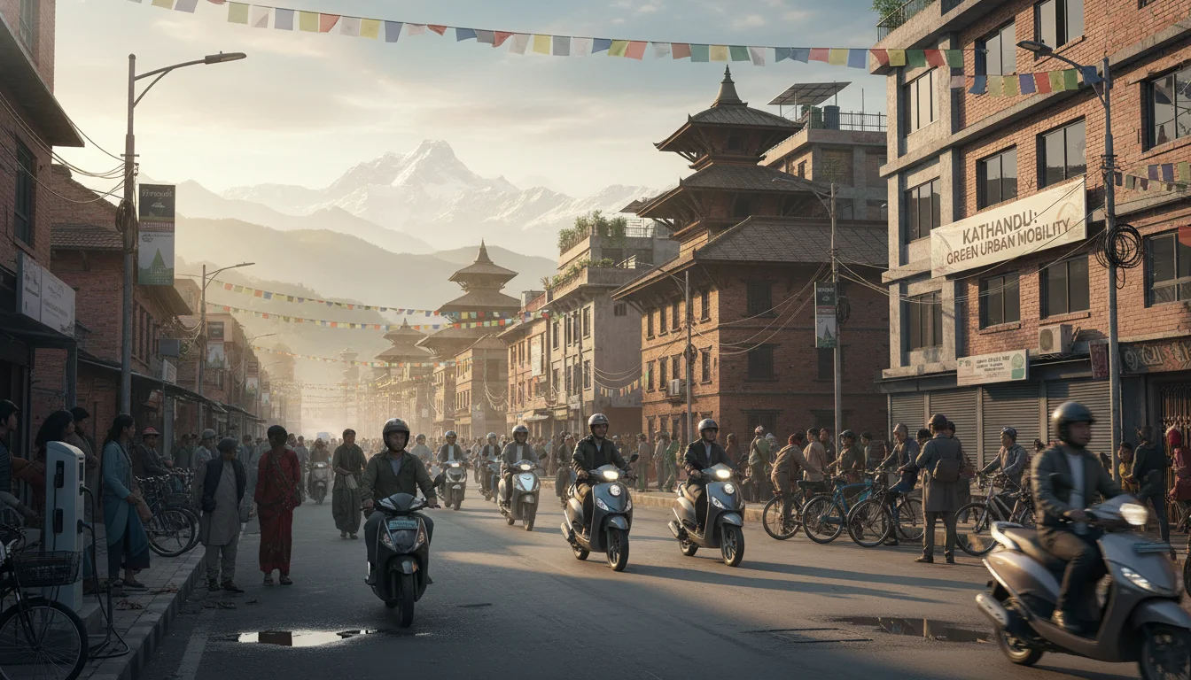 A vibrant scene of modern electric scooters and bikes on a bustling street in Kathmandu, Nepal, with local architecture and distant green hills/mountains. Emphasize clean energy, urban mobility, and the blend of traditional and contemporary Nepalese life. Realistic, dynamic lighting.
