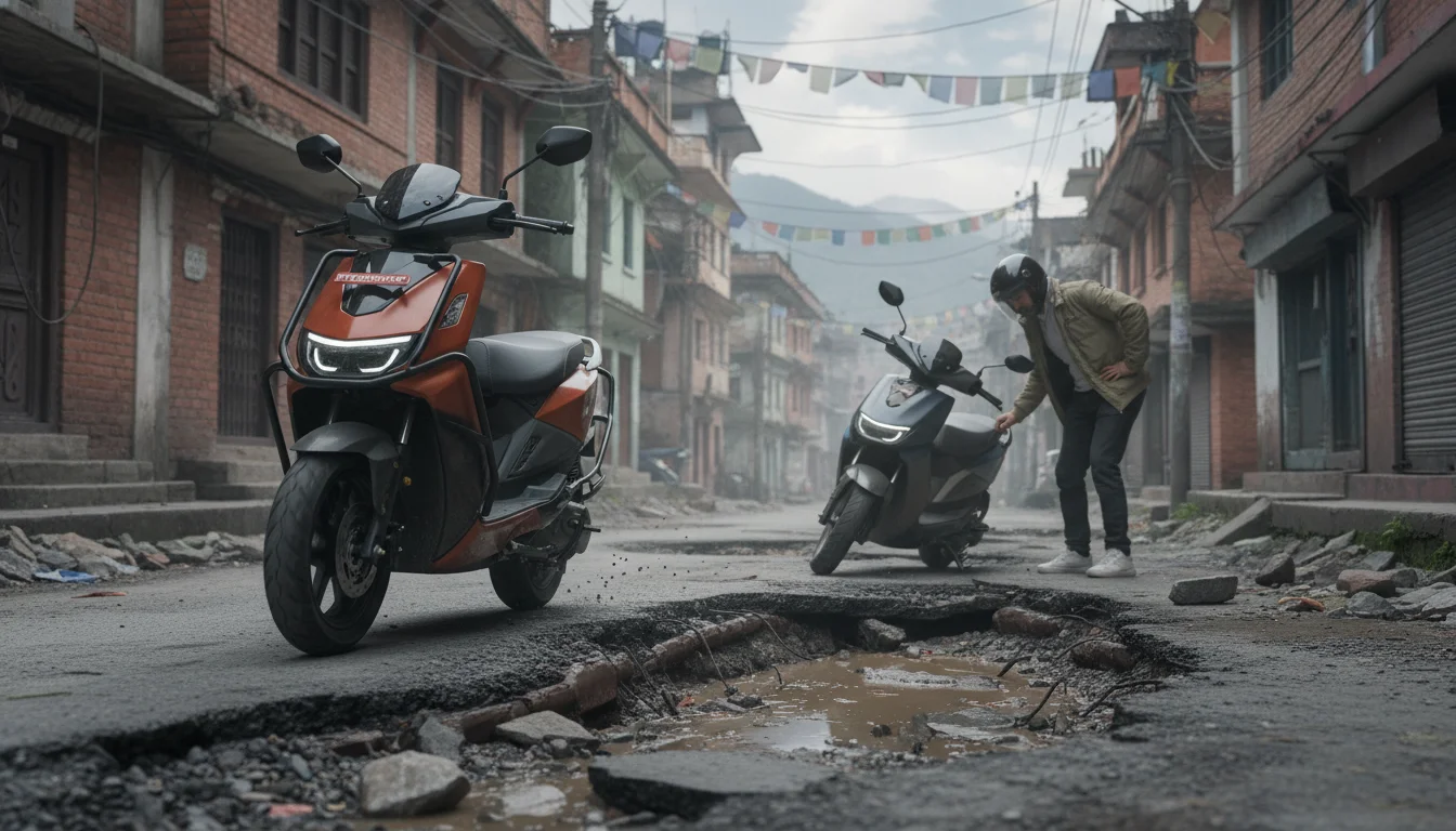 An electric scooter (like Ather Rizta or TVS iQube) with high ground clearance confidently navigating a challenging, pothole-filled, and uneven road in an urban Nepalese setting. In the background, show a second, lower-ground-clearance scooter (like a Segway or Bajaj Chetak) struggling or stuck on a similar obstacle, perhaps with the rider looking frustrated. Emphasize the protective battery casing of the high-clearance scooter and the visible difficulties of the lower one. Realistic, illustrating the topographical challenges of Nepal.