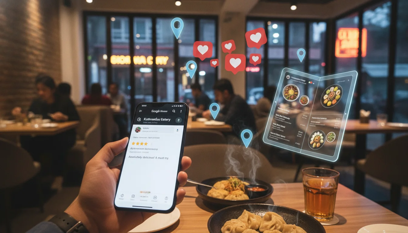 A high-quality, vibrant photograph of a modern restaurant in Kathmandu, Nepal. A customer is holding a smartphone in the foreground showing a Google Maps listing with a 5-star review. In the background, floating 3D icons of social media hearts, location pins, and a digital menu. Cinematic lighting, professional food photography style.