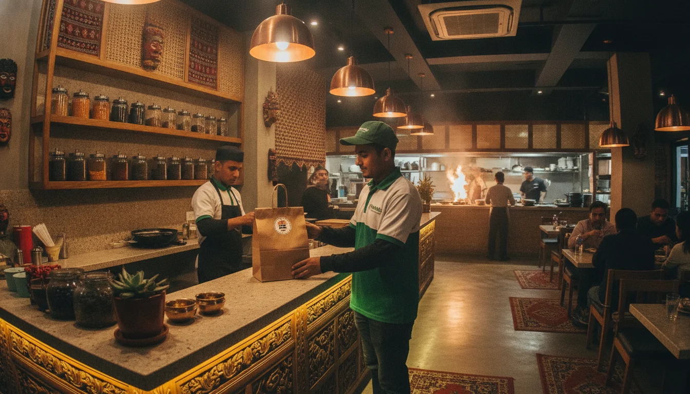 A professional wide-angle photograph of a vibrant restaurant interior in Kathmandu. In the center, a delivery rider wearing a branded green and white uniform is picking up a neatly packed order from a wooden counter. Modern Nepali decor, warm lighting, and a bustling kitchen in the blurred background. High-quality commercial photography.