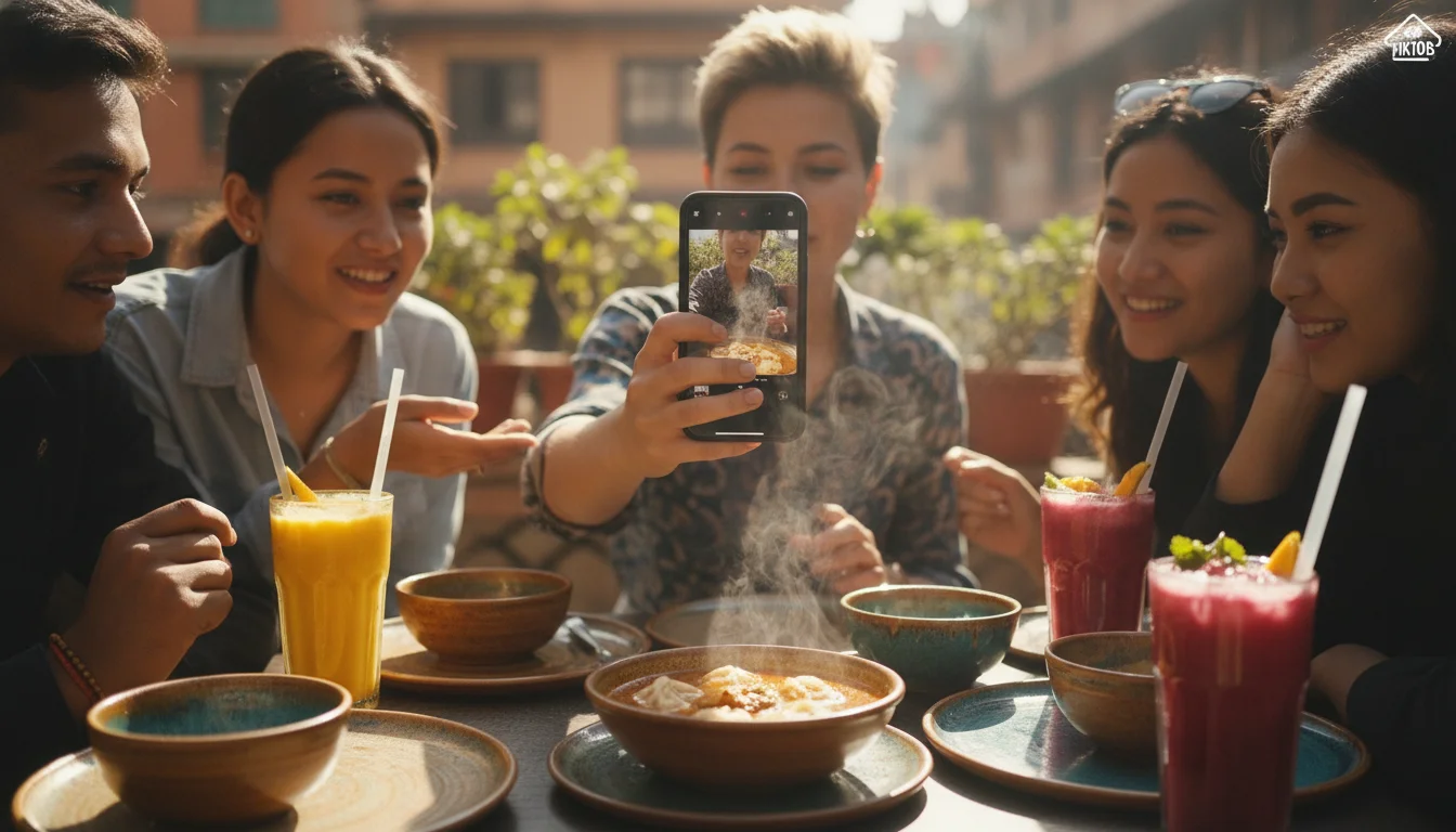 A close-up action shot of a group of trendy young Nepali adults at a sunlit cafe table. One person is holding a smartphone vertically, capturing a video of a steaming plate of Jhol Momo for a TikTok or Instagram Reel. The table features aesthetic ceramics and colorful drinks. Bright, natural lighting, social media influencer aesthetic.