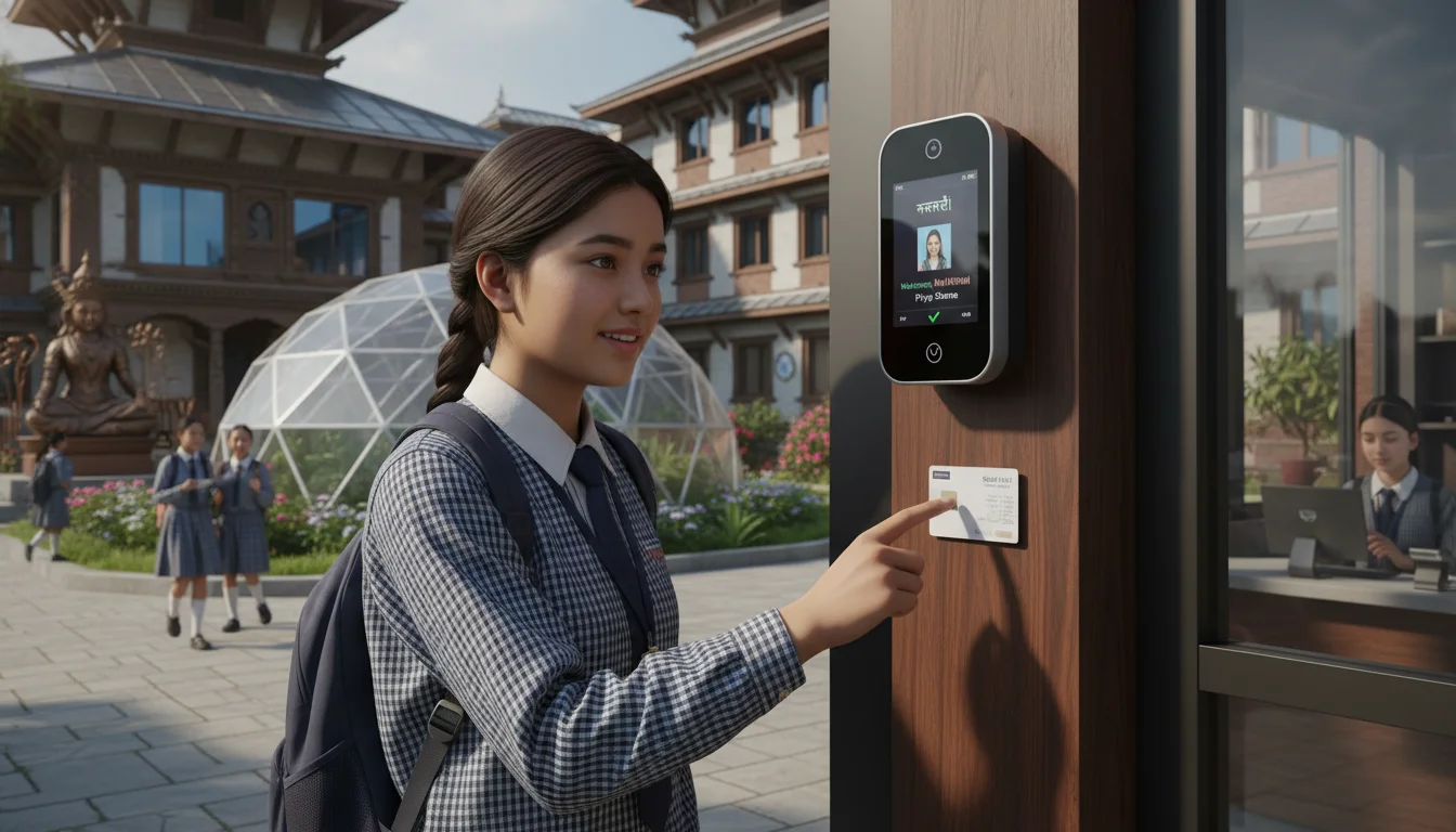 A student in a modern Nepalese school environment using a Smart RFID ID card. The image should show the student tapping the card on a sleek biometric attendance scanner at the school entrance, or making a cashless payment at a school canteen checkout. Incorporate elements of both traditional Nepalese school architecture and modern technology seamlessly.