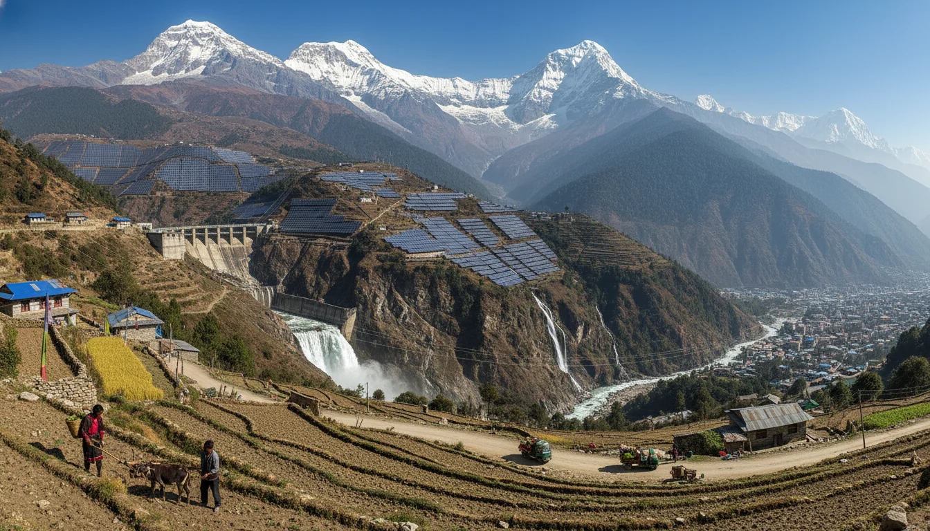 A panoramic view of the Nepalese Himalayas with modern infrastructure like solar panels and hydroelectric dams integrated into the landscape, symbolizing economic independence and resilience. In the foreground, local farmers cultivate fields using traditional yet sustainable methods, embodying self-sufficiency amidst a globalized, turbulent backdrop.