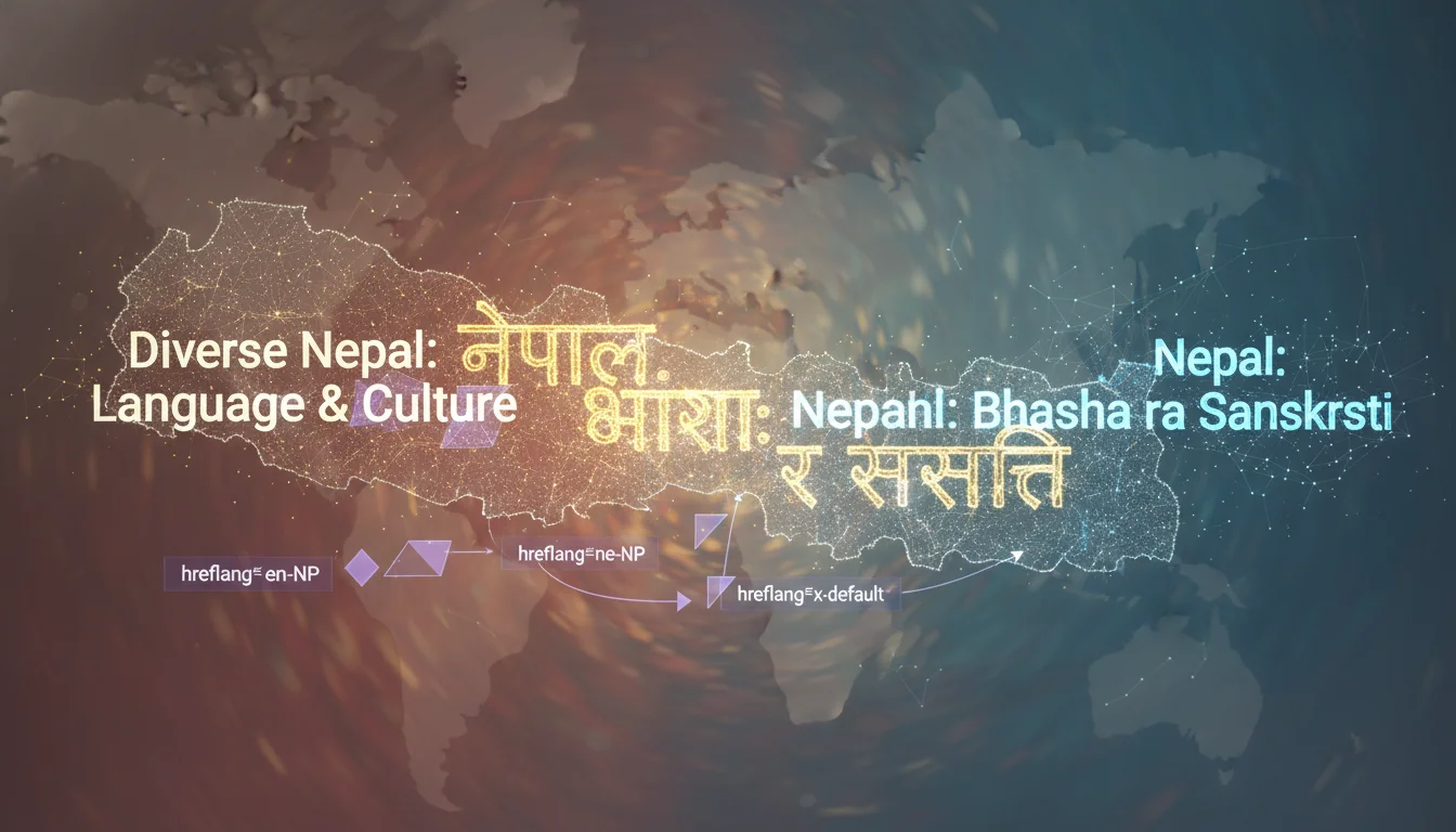 An abstract depiction of linguistic diversity in Nepal, showing English, Devanagari script, and Romanized phonetic Nepali interwoven or transforming into each other. Focus on text blocks and subtle hreflang tags guiding their interpretation, symbolizing language adaptation for SEO and multilingual architecture.